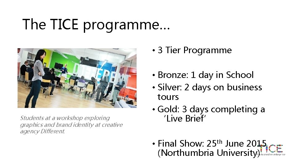 The TICE programme… • 3 Tier Programme Students at a workshop exploring graphics and