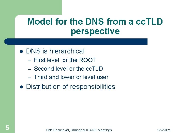 Model for the DNS from a cc. TLD perspective l DNS is hierarchical –