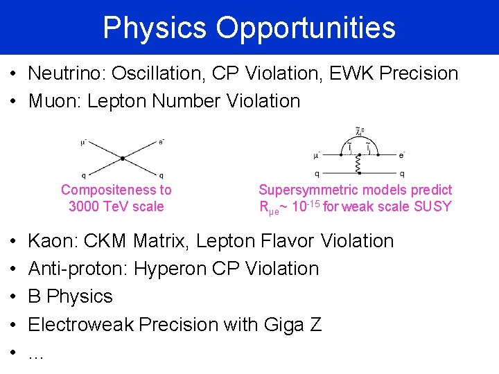 Physics Opportunities • Neutrino: Oscillation, CP Violation, EWK Precision • Muon: Lepton Number Violation