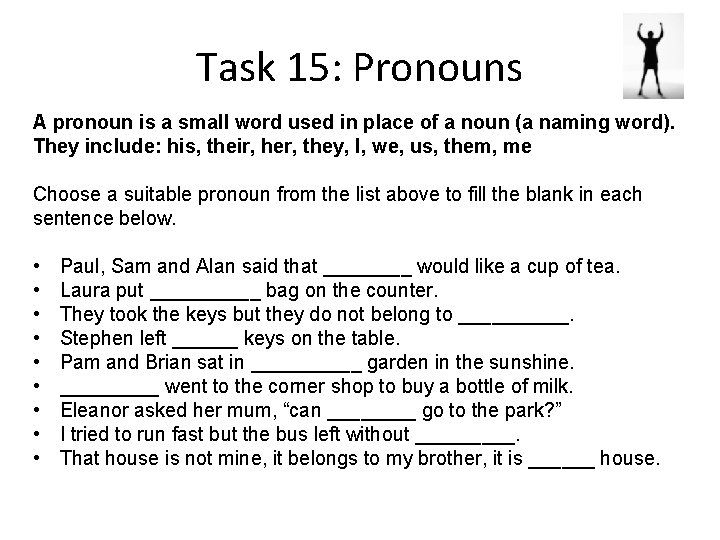 Task 15: Pronouns A pronoun is a small word used in place of a