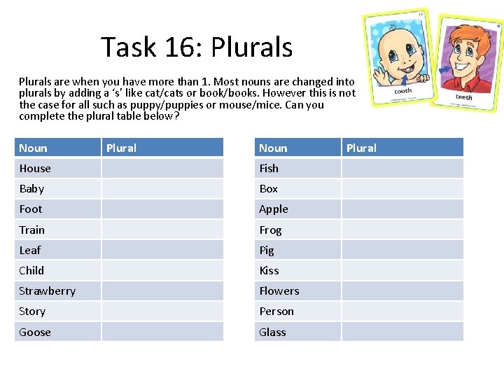 Task 16: Plurals are when you have more than 1. Most nouns are changed