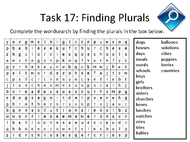 Task 17: Finding Plurals Complete the wordsearch by finding the plurals in the box