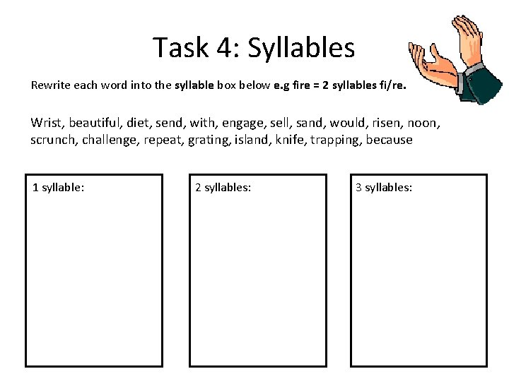 Task 4: Syllables Rewrite each word into the syllable box below e. g fire
