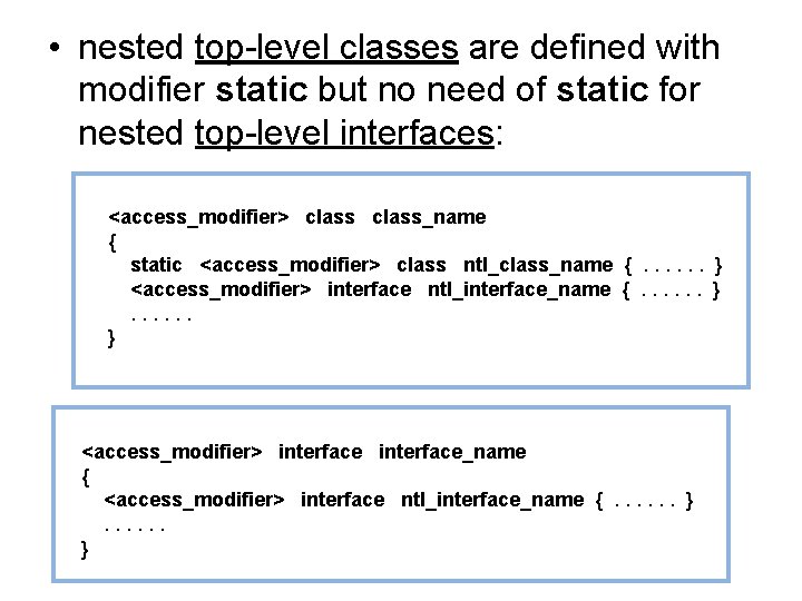  • nested top-level classes are defined with modifier static but no need of