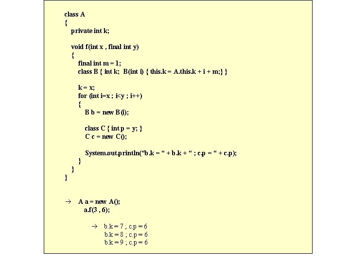 class A { private int k; void f(int x , final int y) {