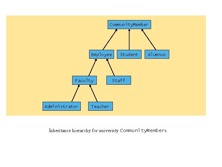 Community. Member Employee Faculty Administrator Student Alumnus Staff Teacher Inheritance hierarchy for university Community.