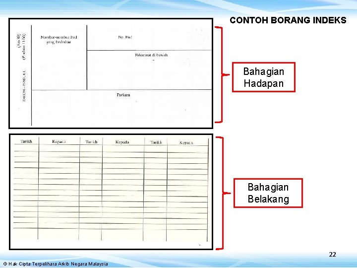 CONTOH BORANG INDEKS Bahagian Hadapan Bahagian Belakang 22 © Hak Cipta Terpelihara Arkib Negara