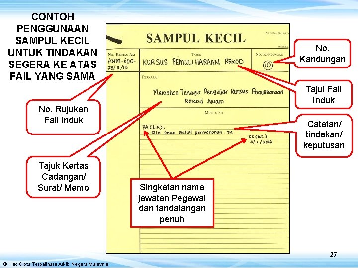 CONTOH PENGGUNAAN SAMPUL KECIL UNTUK TINDAKAN SEGERA KE ATAS FAIL YANG SAMA No. Kandungan