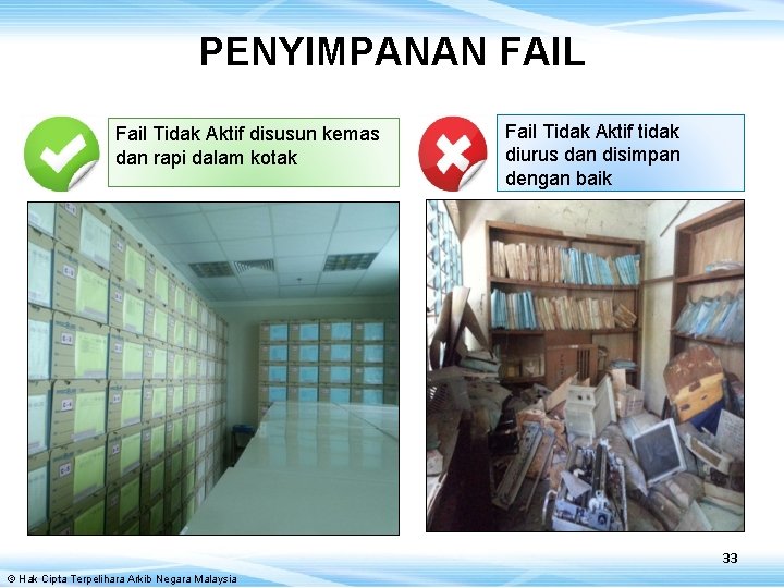 PENYIMPANAN FAIL Fail Tidak Aktif disusun kemas dan rapi dalam kotak Fail Tidak Aktif