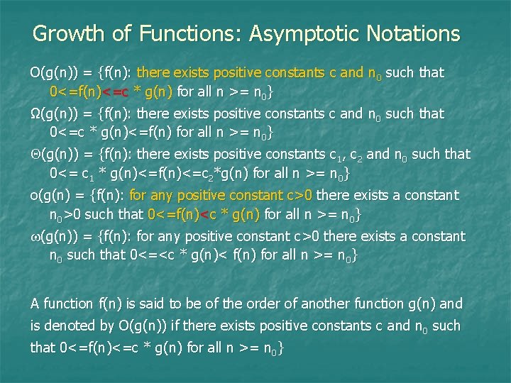 Growth of Functions: Asymptotic Notations O(g(n)) = {f(n): there exists positive constants c and