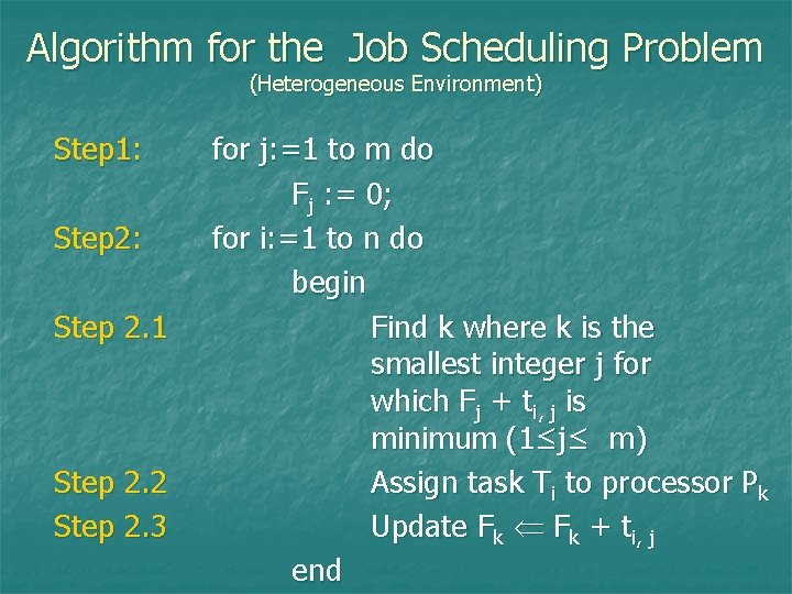 Algorithm for the Job Scheduling Problem (Heterogeneous Environment) Step 1: Step 2. 1 Step