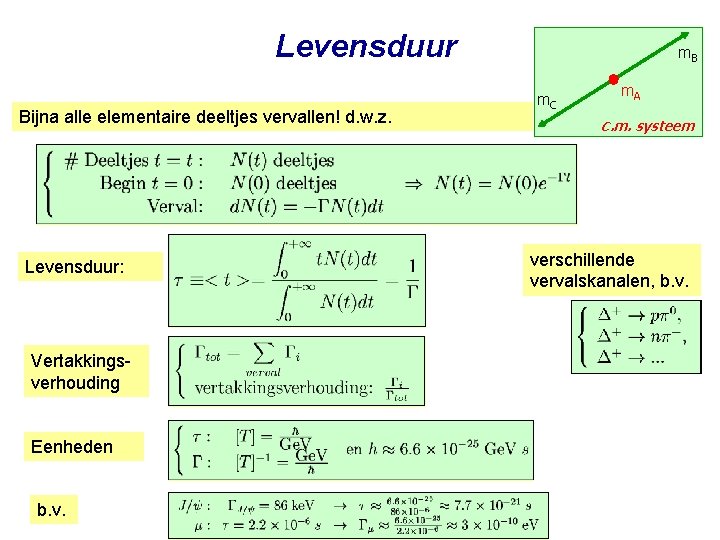 Levensduur Bijna alle elementaire deeltjes vervallen! d. w. z. m. B m. C m.