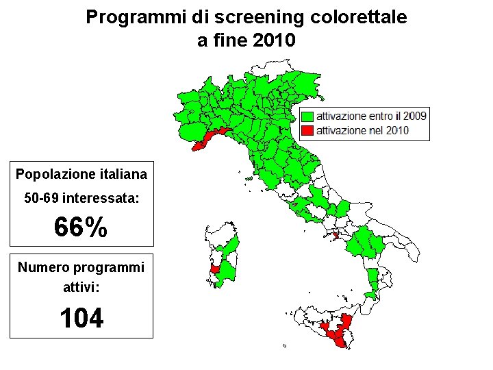 Programmi di screening colorettale a fine 2010 Popolazione italiana 50 -69 interessata: 66% Numero