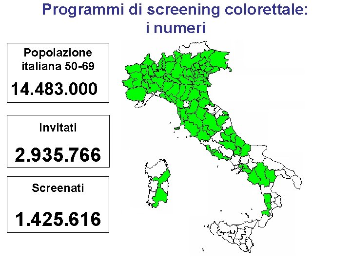 Programmi di screening colorettale: i numeri Popolazione italiana 50 -69 14. 483. 000 Invitati