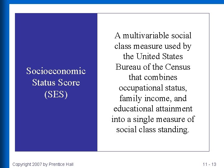 Socioeconomic Status Score (SES) Copyright 2007 by Prentice Hall A multivariable social class measure