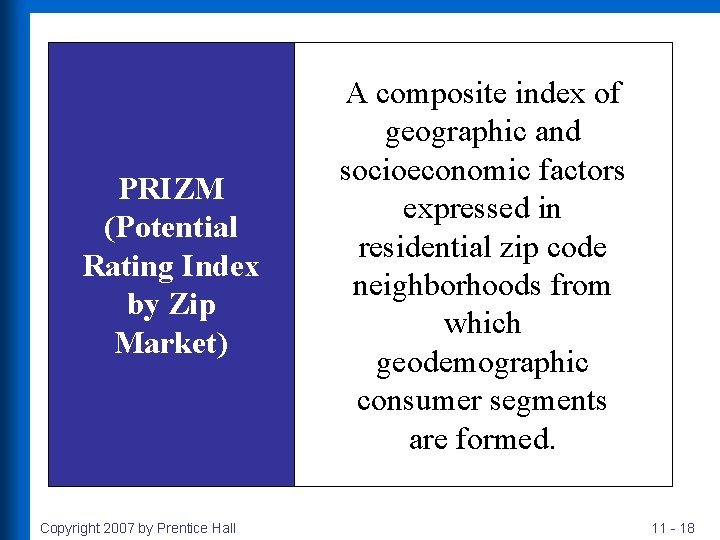 PRIZM (Potential Rating Index by Zip Market) Copyright 2007 by Prentice Hall A composite