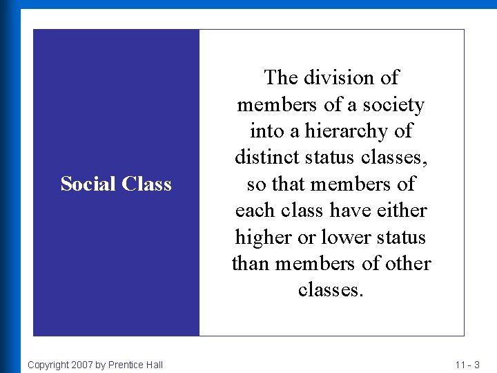 Social Class Copyright 2007 by Prentice Hall The division of members of a society