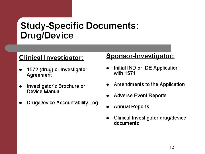 Study-Specific Documents: Drug/Device Clinical Investigator: Sponsor-Investigator: l 1572 (drug) or Investigator Agreement l Initial