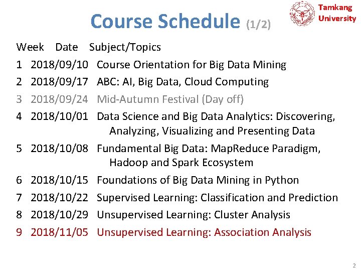 Course Schedule (1/2) Tamkang University Week Date Subject/Topics 1 2018/09/10 Course Orientation for Big