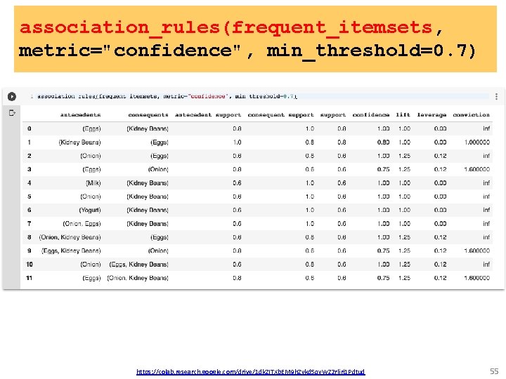 association_rules(frequent_itemsets, metric="confidence", min_threshold=0. 7) https: //colab. research. google. com/drive/1 dk. ZITXb. EM 9 h.