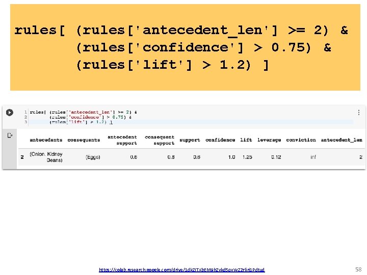 rules[ (rules['antecedent_len'] >= 2) & (rules['confidence'] > 0. 75) & (rules['lift'] > 1. 2)