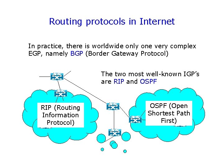 Routing protocols in Internet In practice, there is worldwide only one very complex EGP,