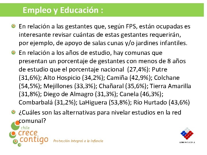 Empleo y Educación : En relación a las gestantes que, según FPS, están ocupadas