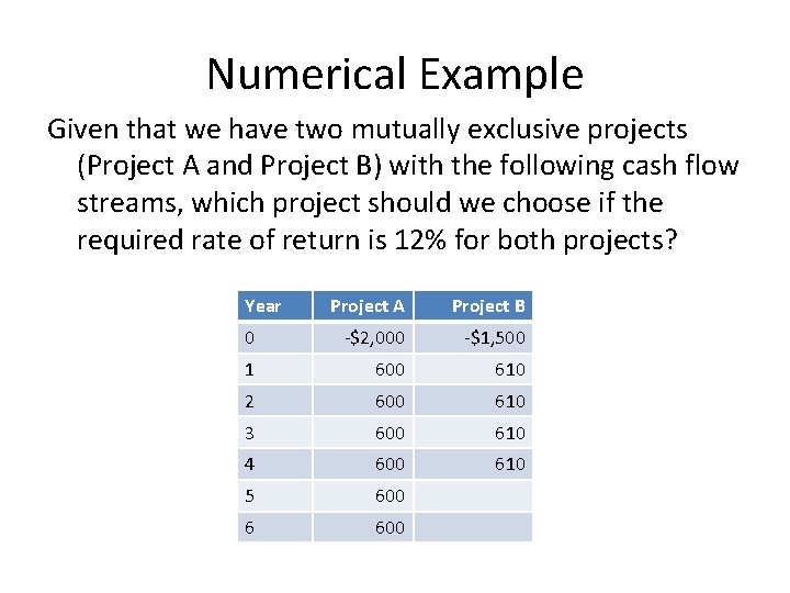 Numerical Example Given that we have two mutually exclusive projects (Project A and Project