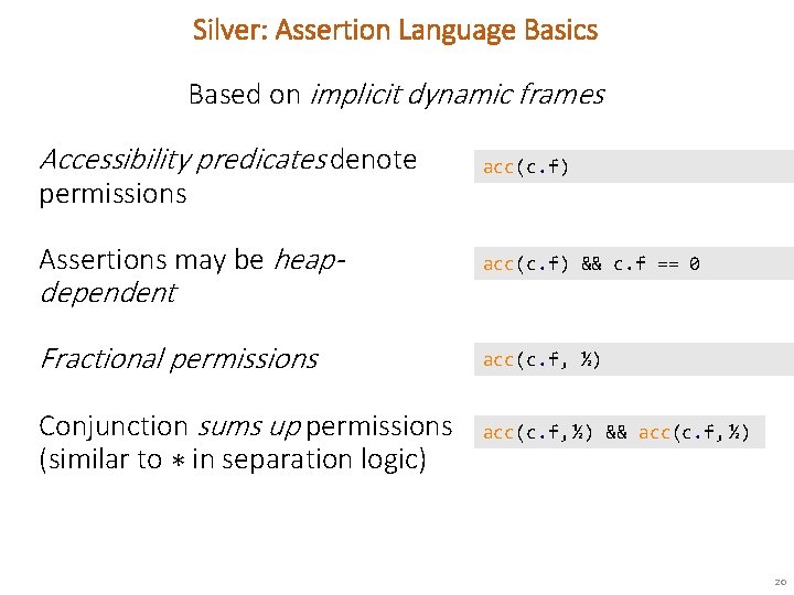 Silver: Assertion Language Basics Based on implicit frames Baseddynamic on implicit dynamic frames Accessibility