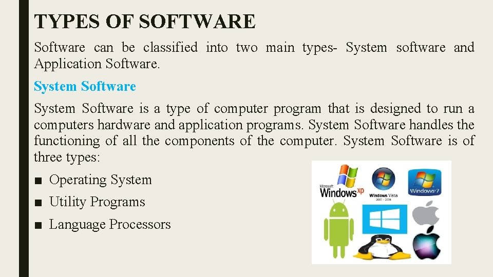 TYPES OF SOFTWARE Software can be classified into two main types- System software and