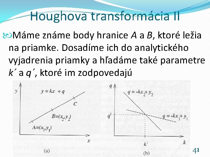 Houghova transformácia II Máme známe body hranice A a B, ktoré ležia na priamke.