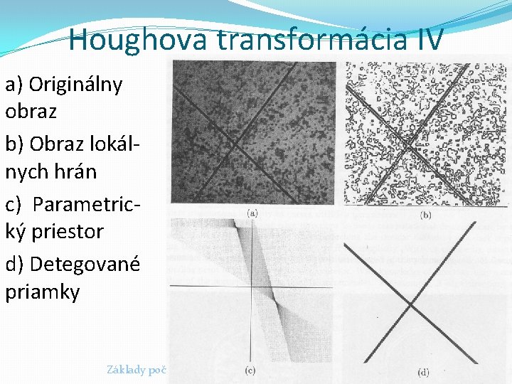 Houghova transformácia IV a) Originálny obraz b) Obraz lokálnych hrán c) Parametrický priestor d)