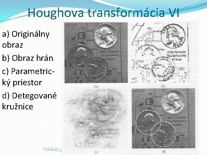 Houghova transformácia VI a) Originálny obraz b) Obraz hrán c) Parametrický priestor d) Detegované