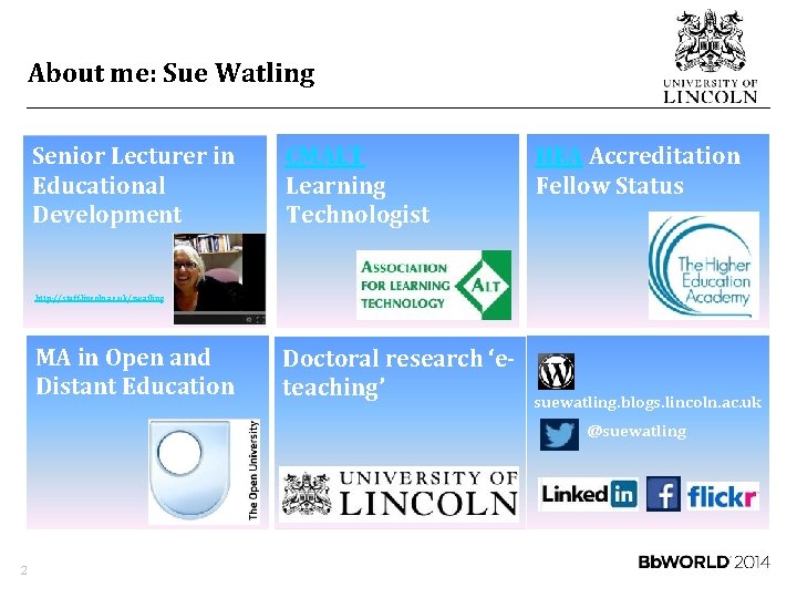 About me: Sue Watling Senior Lecturer in Educational Development CMALT Learning Technologist HEA Accreditation
