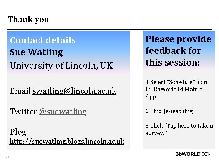 Thank you Contact details Sue Watling University of Lincoln, UK Please provide feedback for