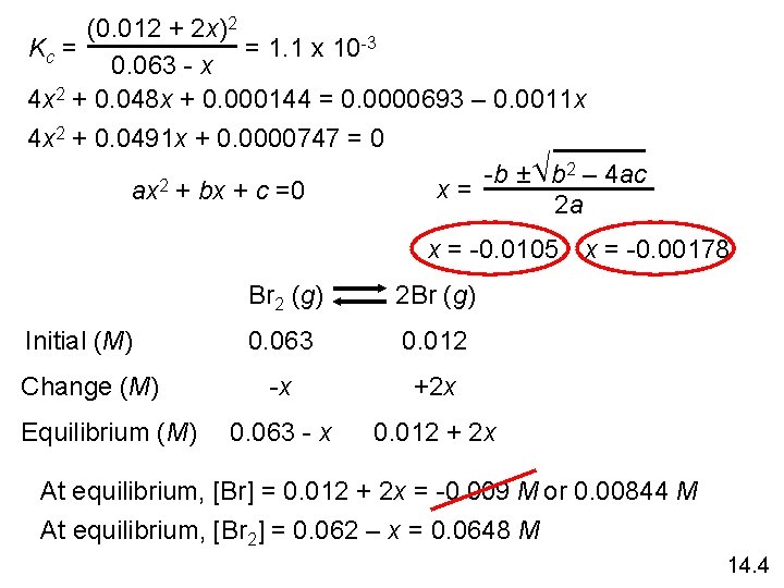 (0. 012 + 2 x)2 = 1. 1 x 10 -3 Kc = 0.