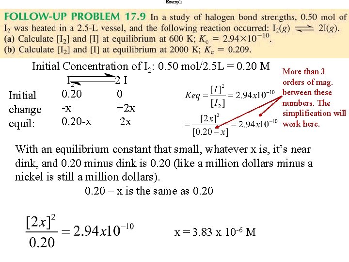 Example Initial Concentration of I 2: 0. 50 mol/2. 5 L = 0. 20