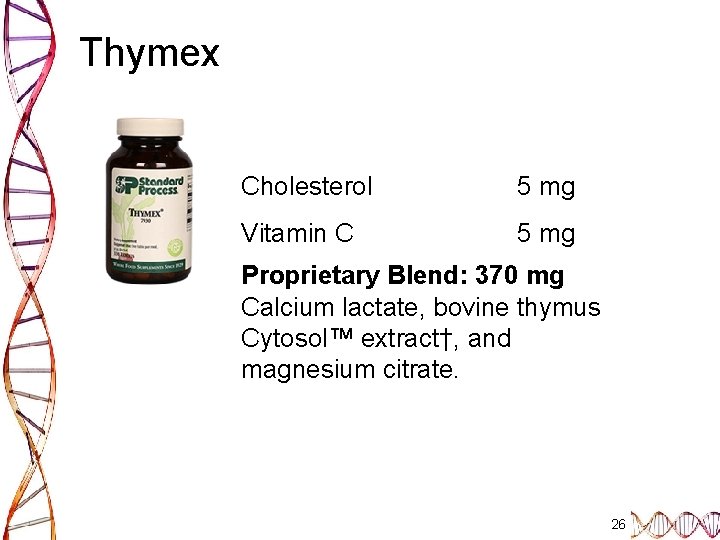 Thymex Cholesterol 5 mg Vitamin C 5 mg Proprietary Blend: 370 mg Calcium lactate,