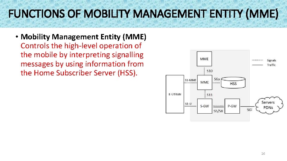 FUNCTIONS OF MOBILITY MANAGEMENT ENTITY (MME) • Mobility Management Entity (MME) Controls the high-level