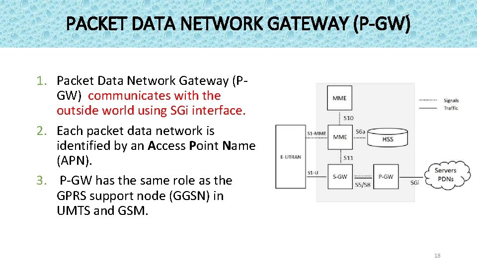 PACKET DATA NETWORK GATEWAY (P-GW) 1. Packet Data Network Gateway (PGW) communicates with the