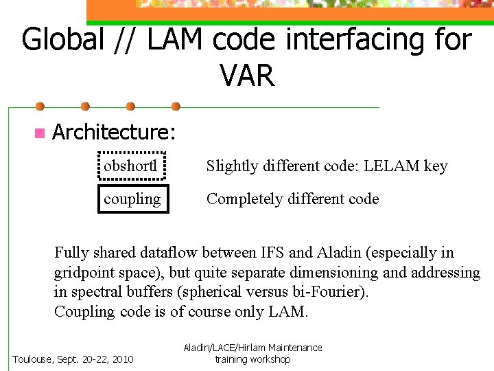 Global // LAM code interfacing for VAR n Architecture: obshortl Slightly different code: LELAM
