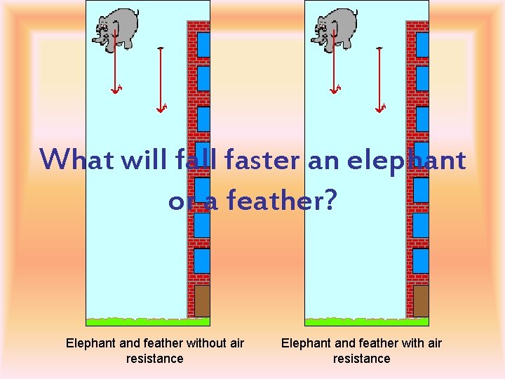 What will faster an elephant or a feather? Elephant and feather without air resistance