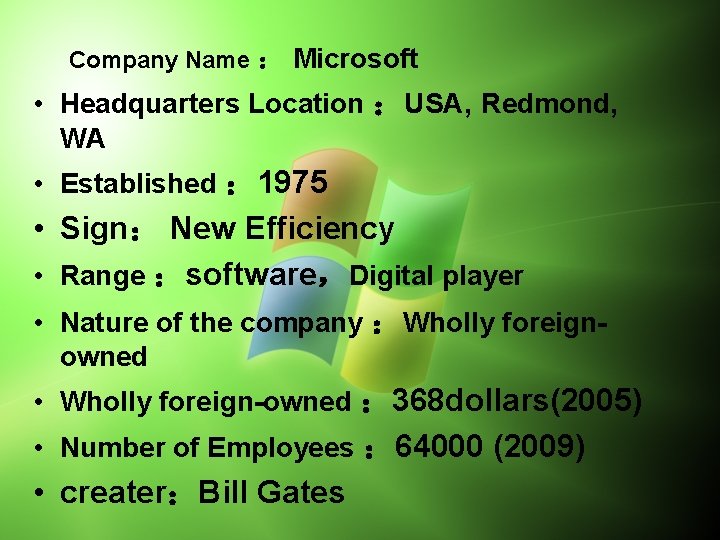 Company Name ： Microsoft • Headquarters Location ：USA, Redmond, WA • Established ： 1975