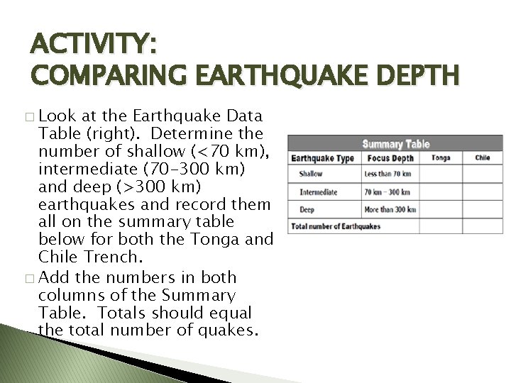 ACTIVITY: COMPARING EARTHQUAKE DEPTH � Look at the Earthquake Data Table (right). Determine the