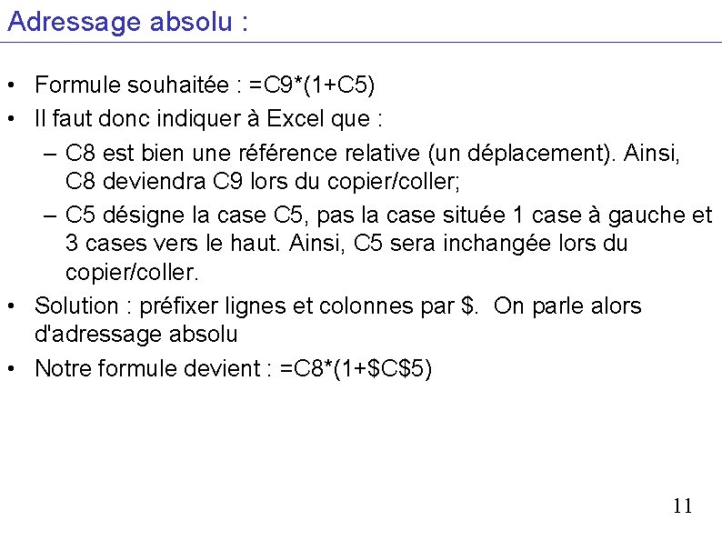 Adressage absolu : • Formule souhaitée : =C 9*(1+C 5) • Il faut donc