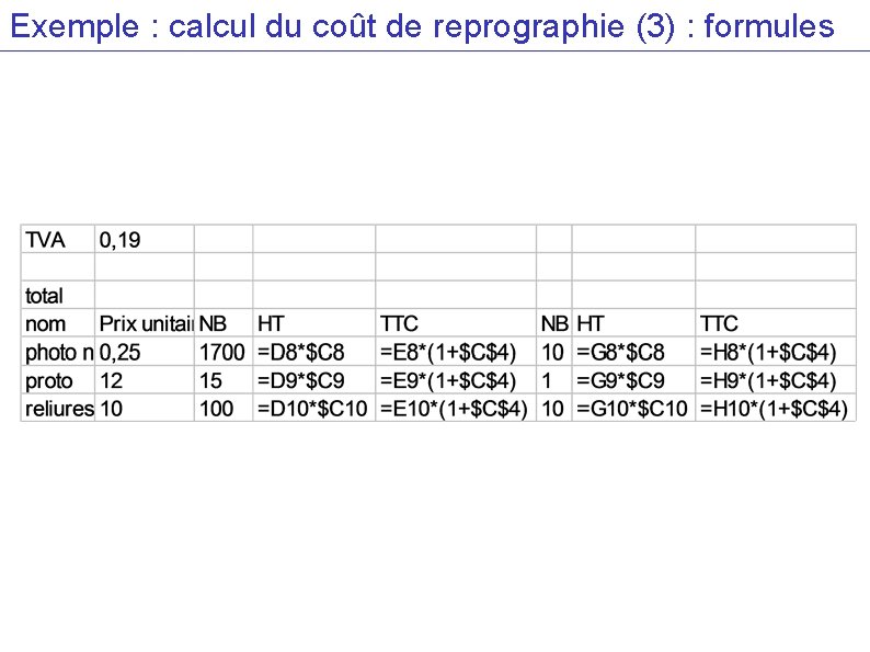 Exemple : calcul du coût de reprographie (3) : formules 