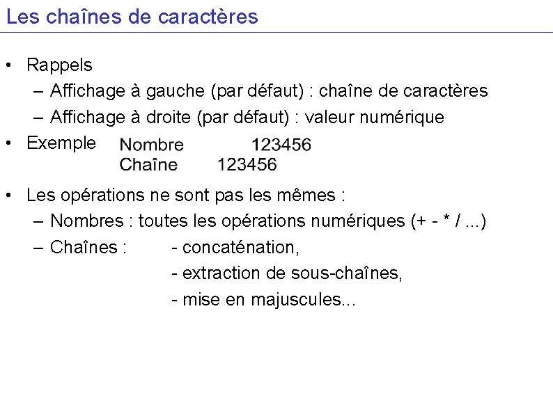 Les chaînes de caractères • Rappels – Affichage à gauche (par défaut) : chaîne