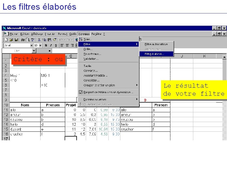 Les filtres élaborés Critère : ou Le résultat de votre filtre 