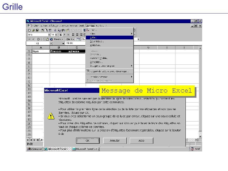 Grille Message de Micro Excel 