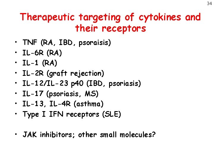 34 Therapeutic targeting of cytokines and their receptors • • TNF (RA, IBD, psoraisis)